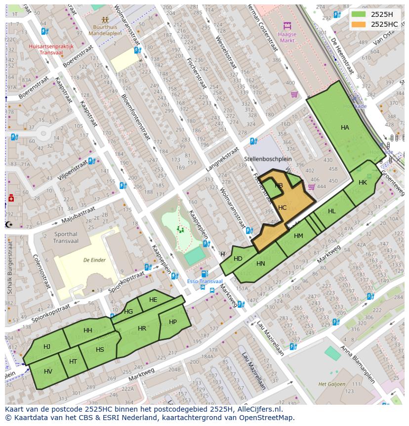 Afbeelding van het postcodegebied 2525 HC op de kaart.