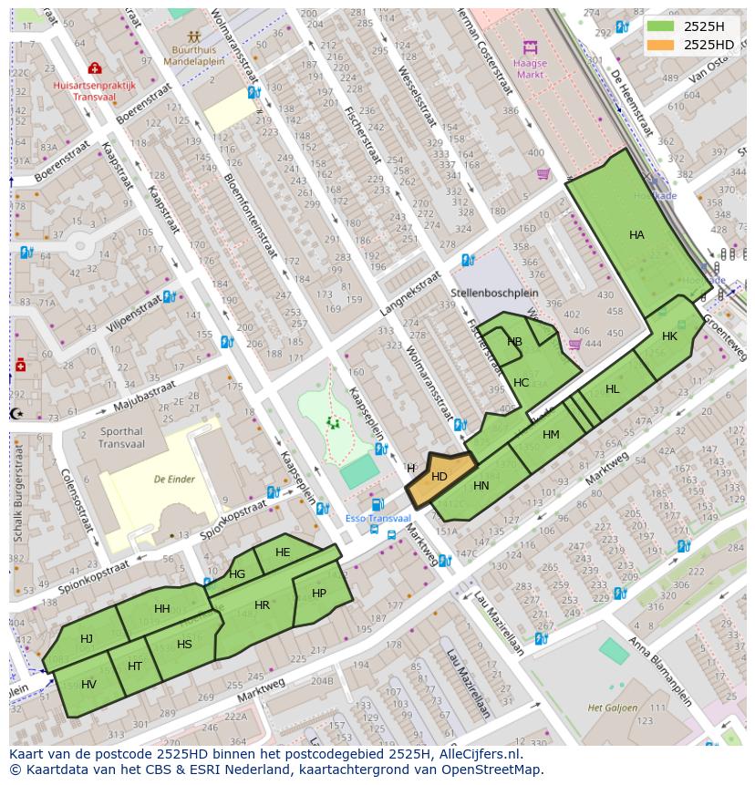 Afbeelding van het postcodegebied 2525 HD op de kaart.