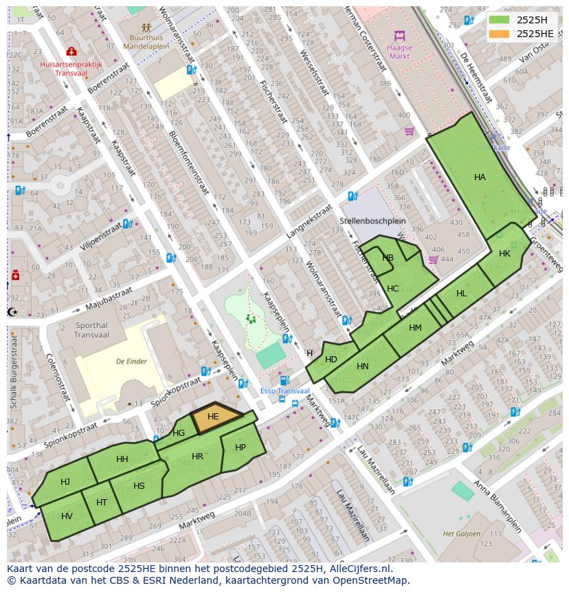 Afbeelding van het postcodegebied 2525 HE op de kaart.