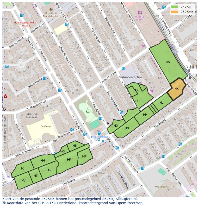 Afbeelding van het postcodegebied 2525 HK op de kaart.