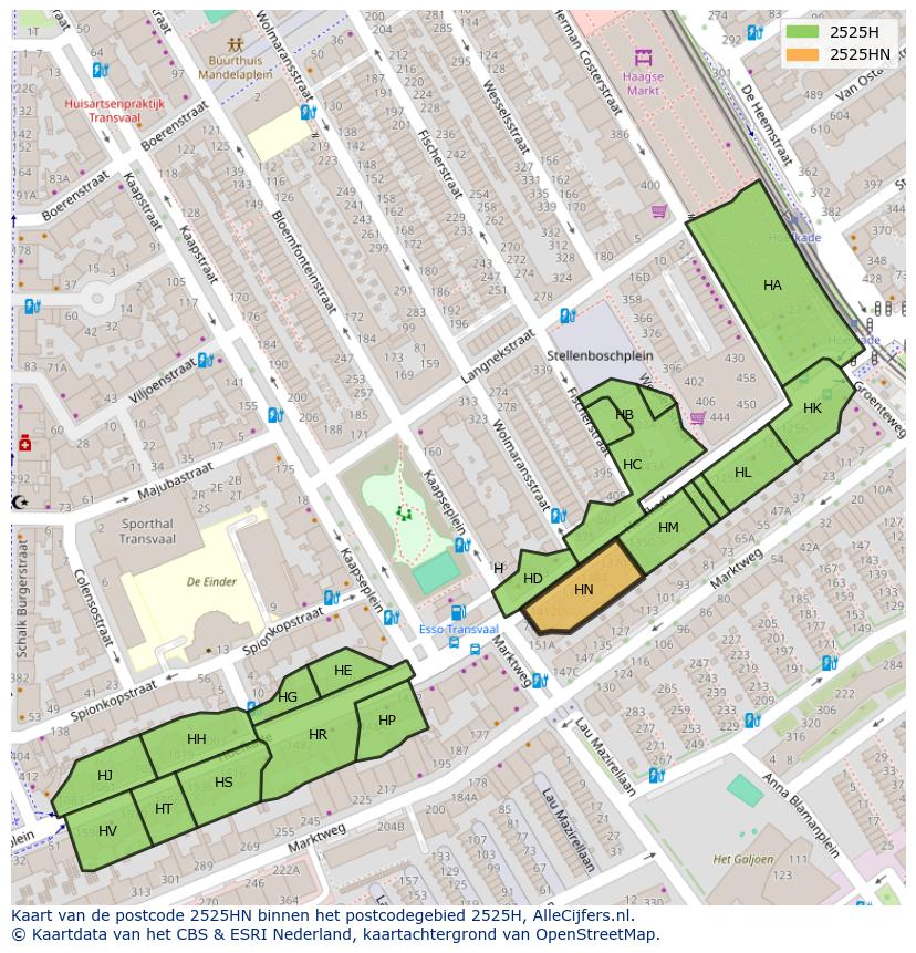 Afbeelding van het postcodegebied 2525 HN op de kaart.