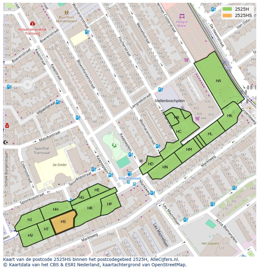 Afbeelding van het postcodegebied 2525 HS op de kaart.