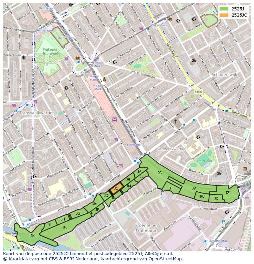 Afbeelding van het postcodegebied 2525 JC op de kaart.