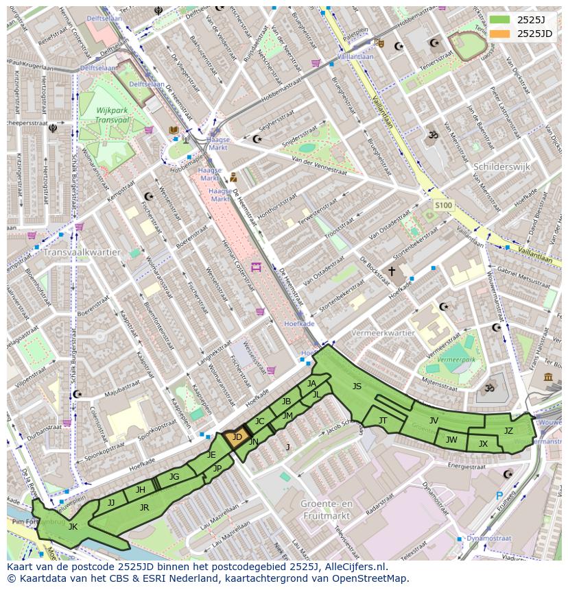 Afbeelding van het postcodegebied 2525 JD op de kaart.