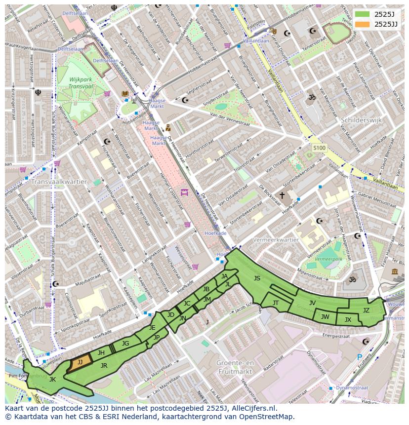 Afbeelding van het postcodegebied 2525 JJ op de kaart.