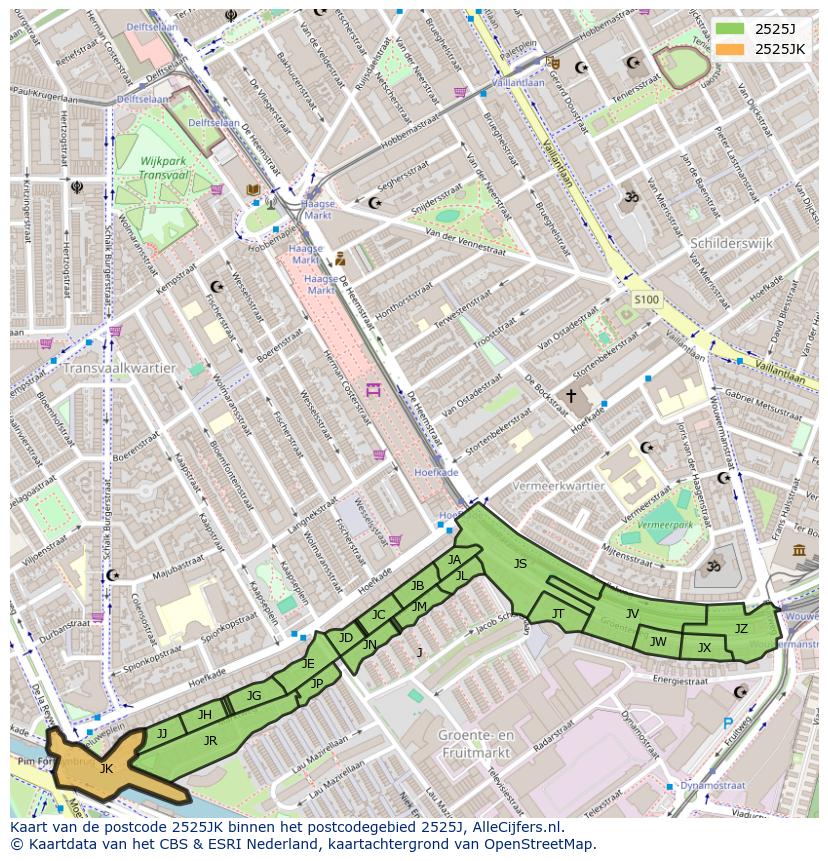 Afbeelding van het postcodegebied 2525 JK op de kaart.