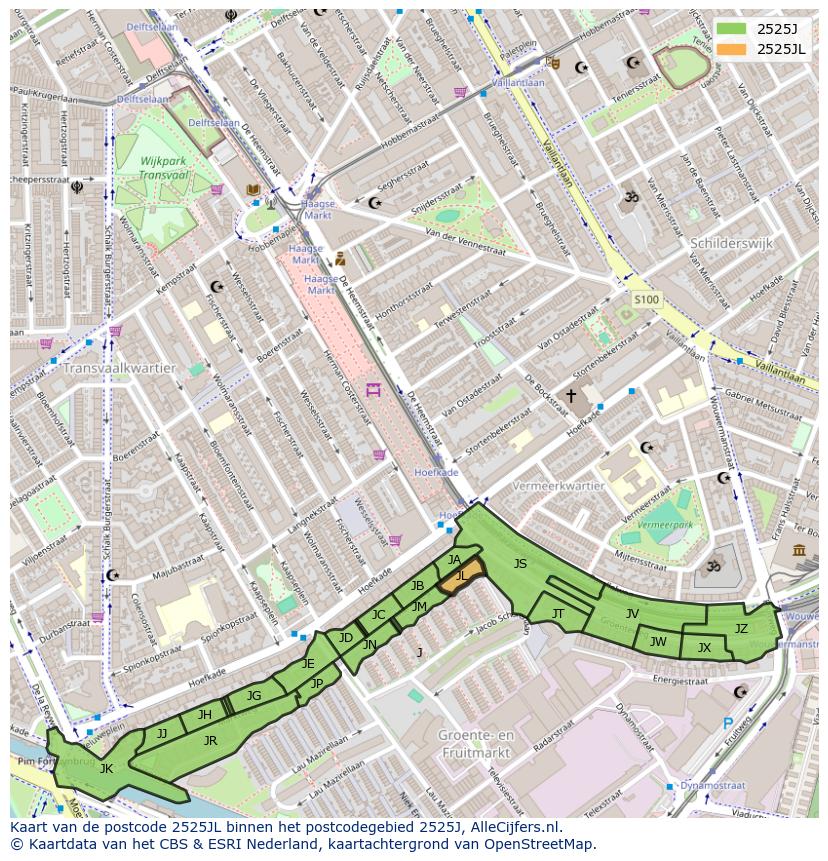 Afbeelding van het postcodegebied 2525 JL op de kaart.