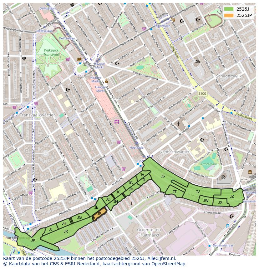 Afbeelding van het postcodegebied 2525 JP op de kaart.