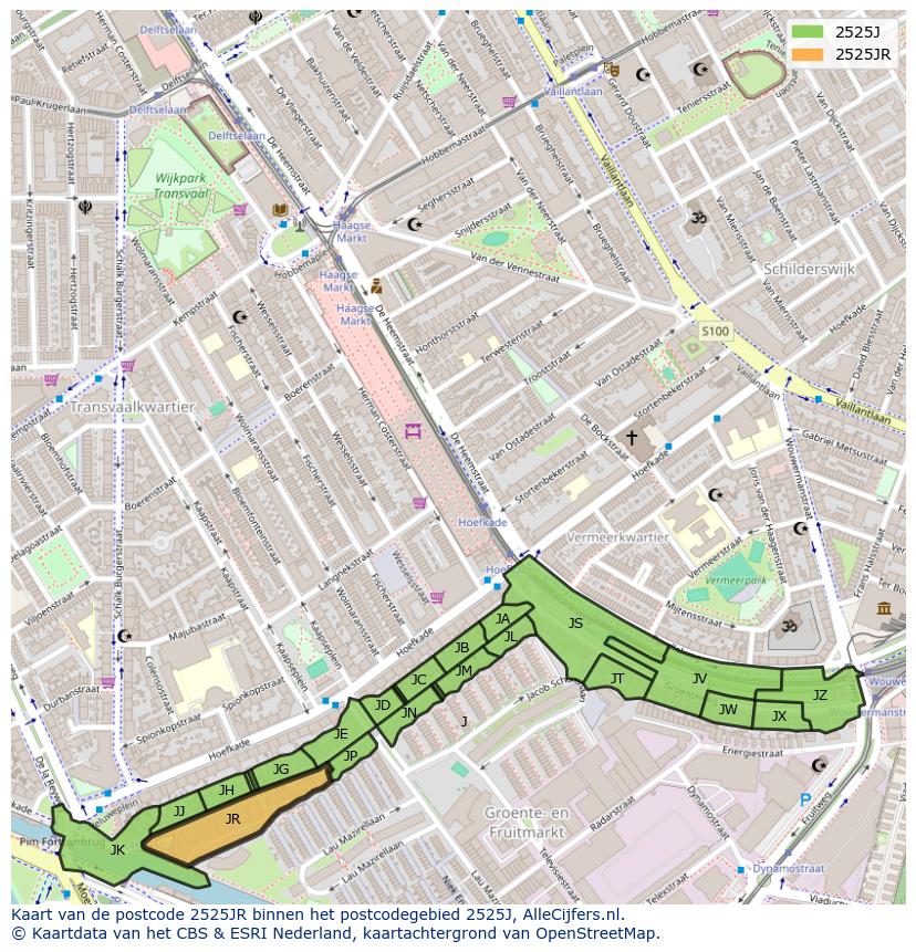 Afbeelding van het postcodegebied 2525 JR op de kaart.