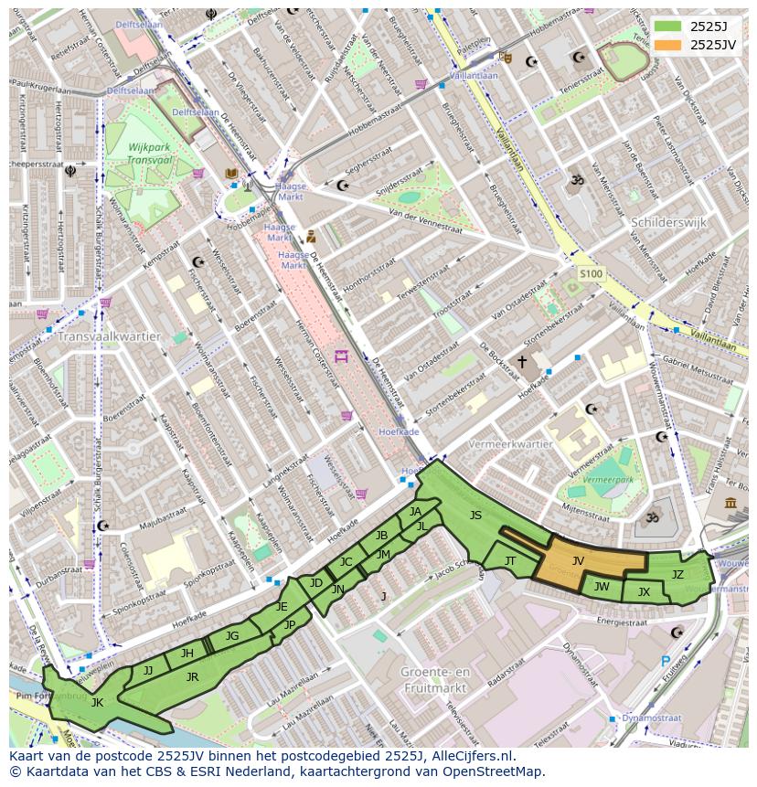 Afbeelding van het postcodegebied 2525 JV op de kaart.