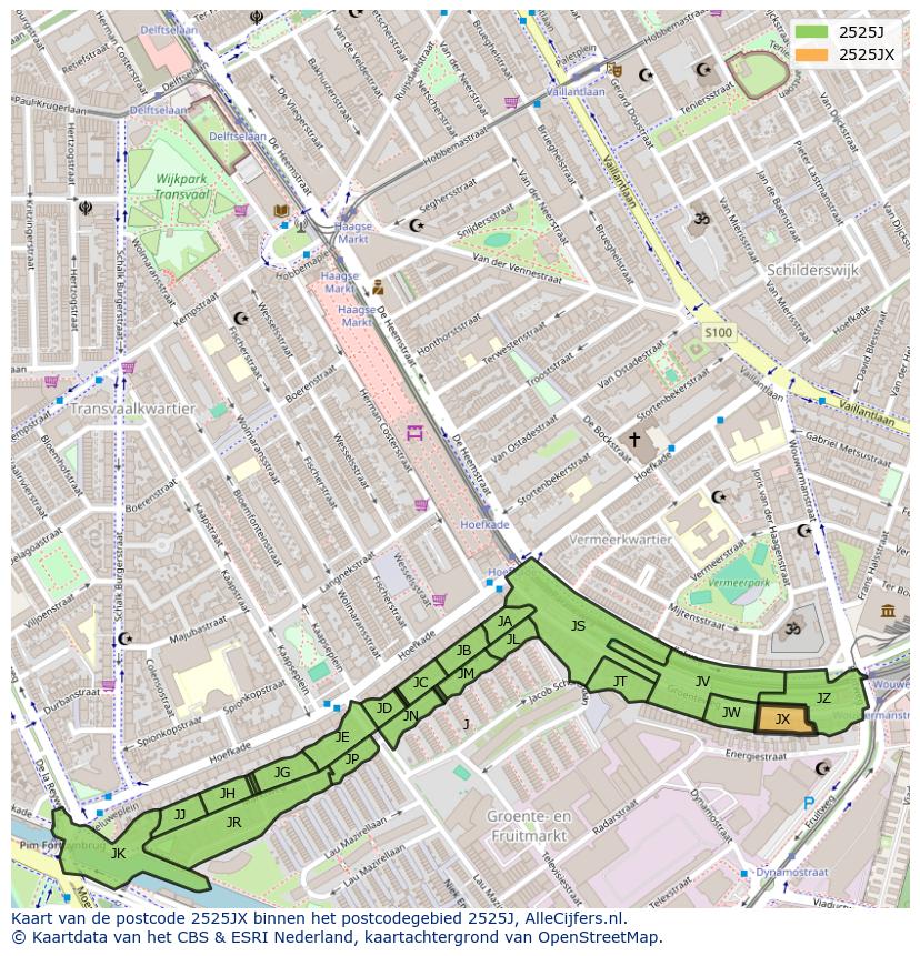 Afbeelding van het postcodegebied 2525 JX op de kaart.