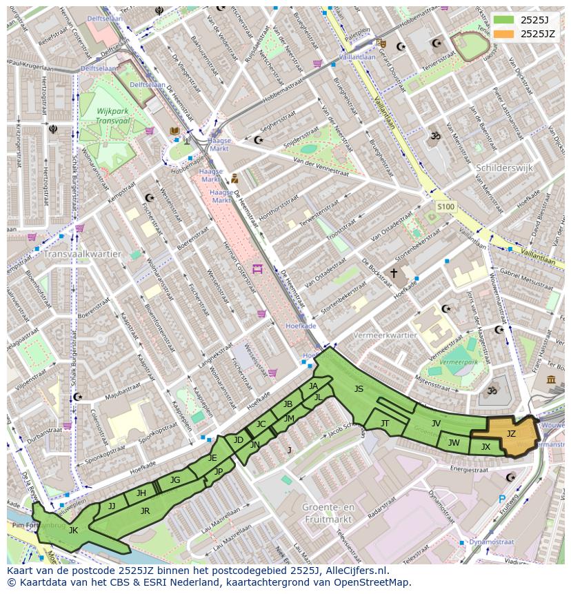Afbeelding van het postcodegebied 2525 JZ op de kaart.