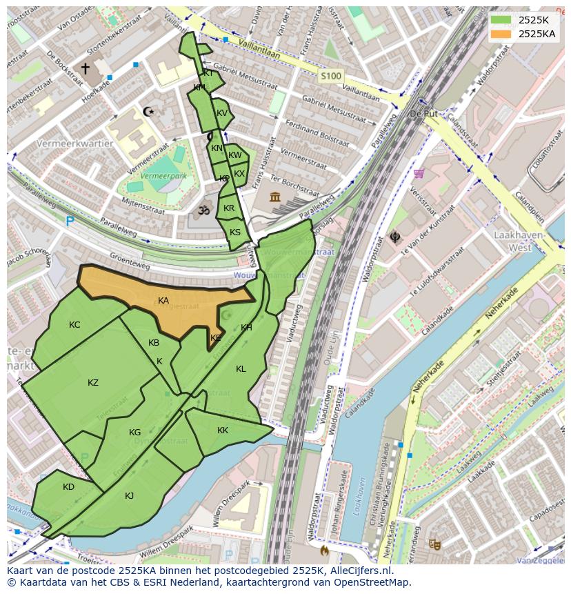 Afbeelding van het postcodegebied 2525 KA op de kaart.