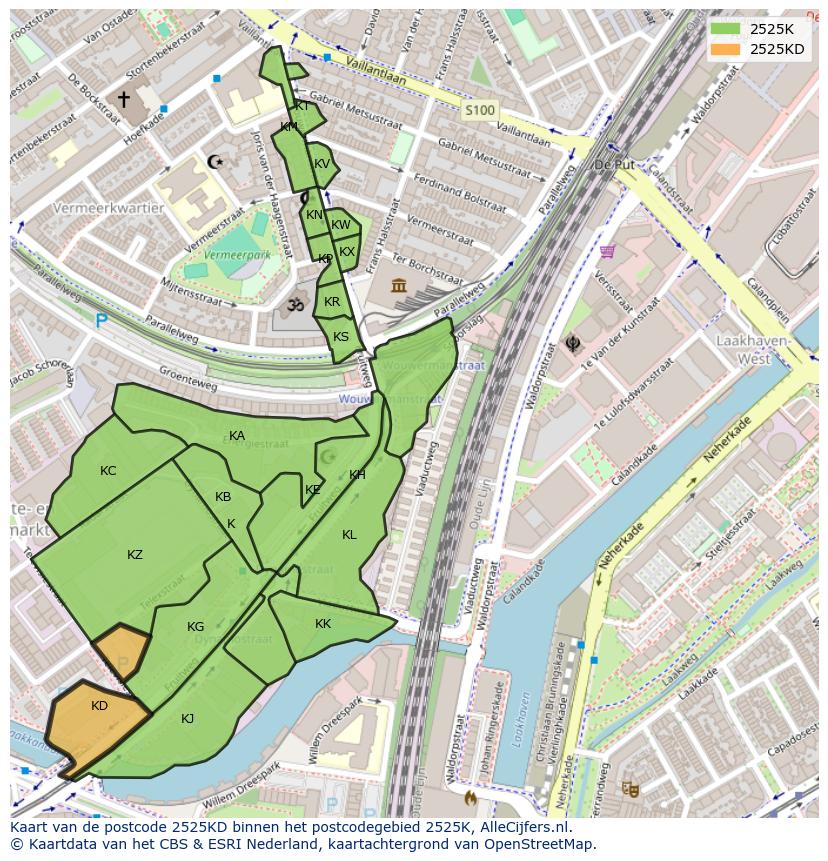 Afbeelding van het postcodegebied 2525 KD op de kaart.