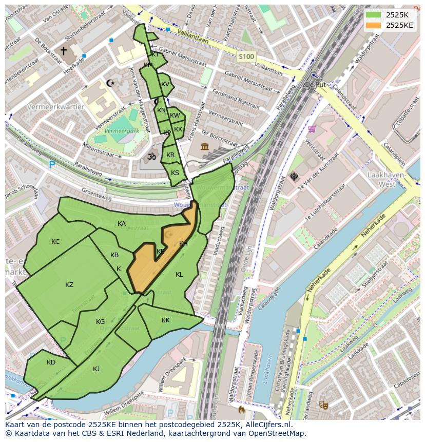 Afbeelding van het postcodegebied 2525 KE op de kaart.