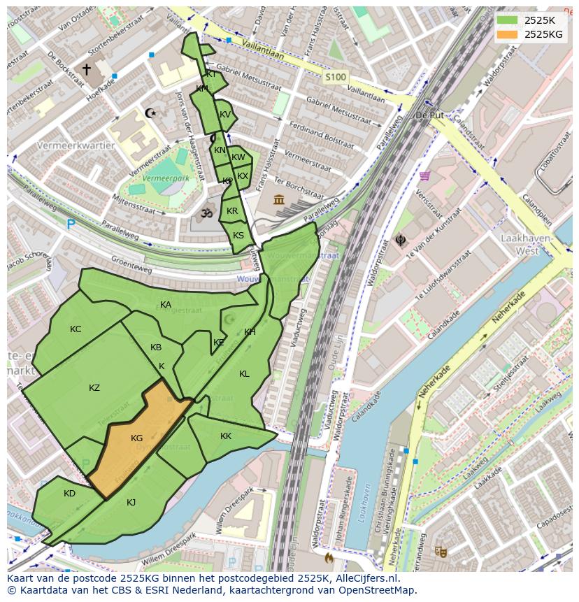 Afbeelding van het postcodegebied 2525 KG op de kaart.