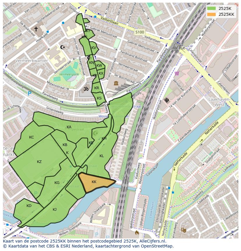 Afbeelding van het postcodegebied 2525 KK op de kaart.