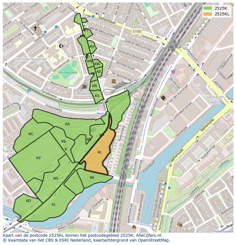 Afbeelding van het postcodegebied 2525 KL op de kaart.