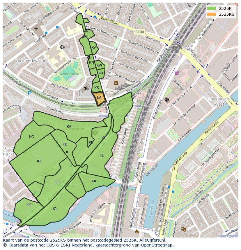 Afbeelding van het postcodegebied 2525 KS op de kaart.