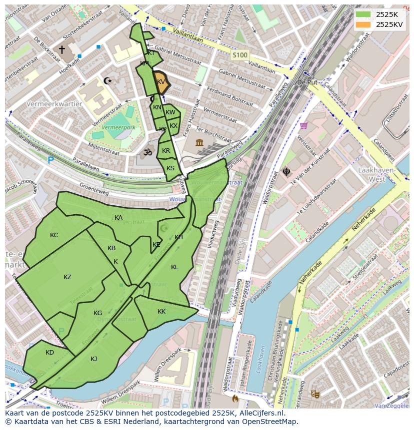 Afbeelding van het postcodegebied 2525 KV op de kaart.