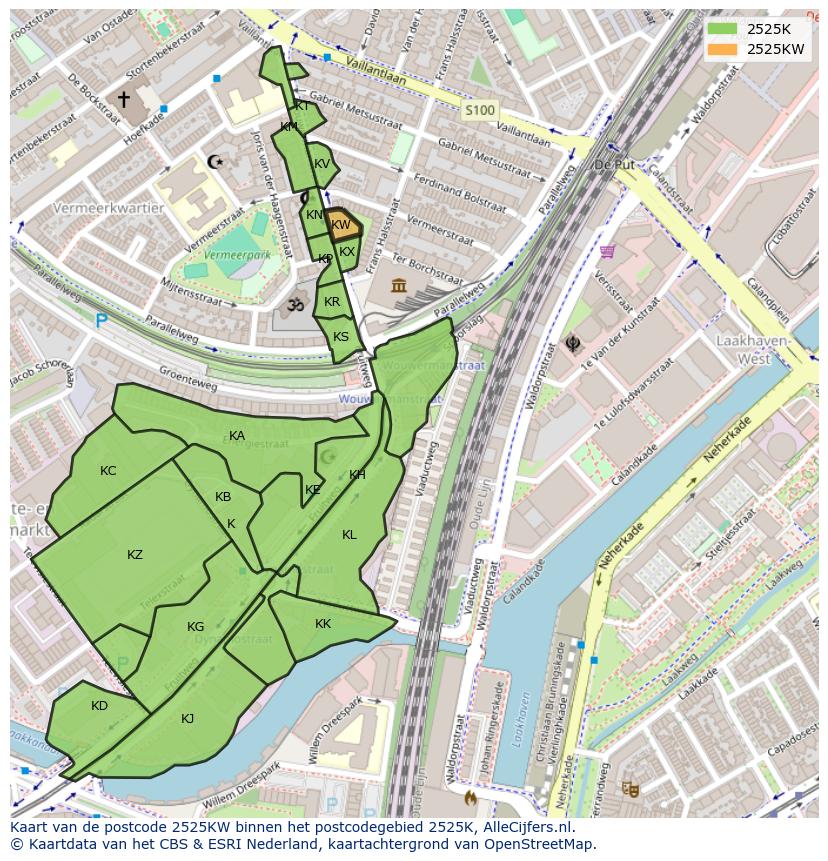 Afbeelding van het postcodegebied 2525 KW op de kaart.