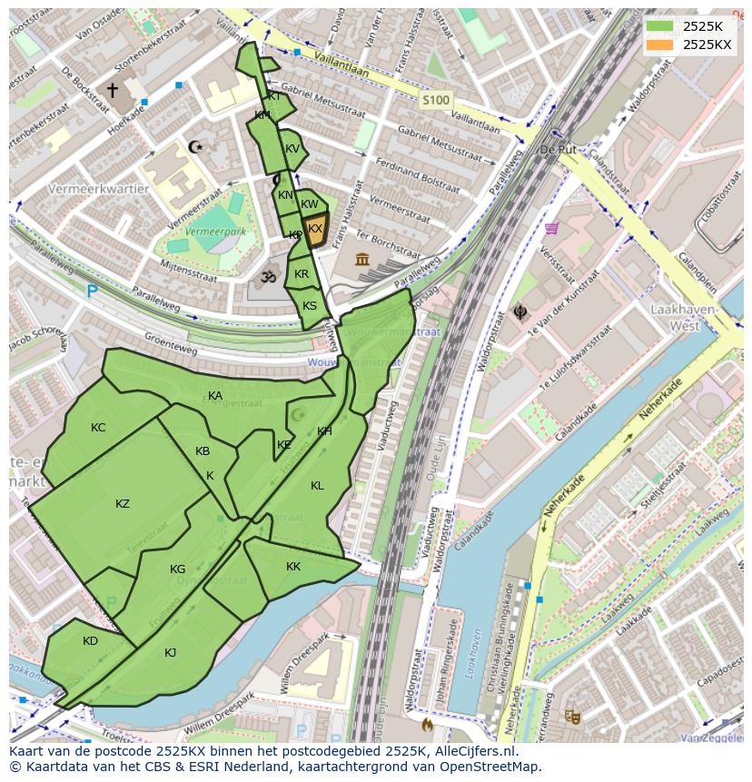 Afbeelding van het postcodegebied 2525 KX op de kaart.