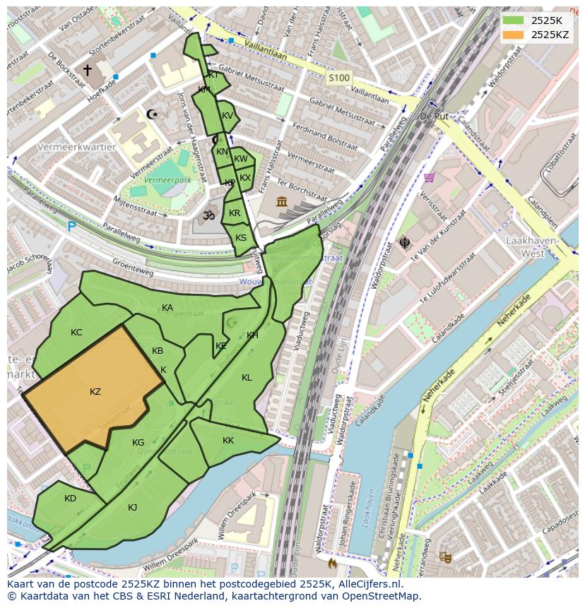 Afbeelding van het postcodegebied 2525 KZ op de kaart.