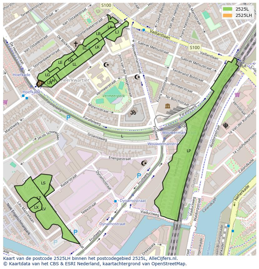 Afbeelding van het postcodegebied 2525 LH op de kaart.