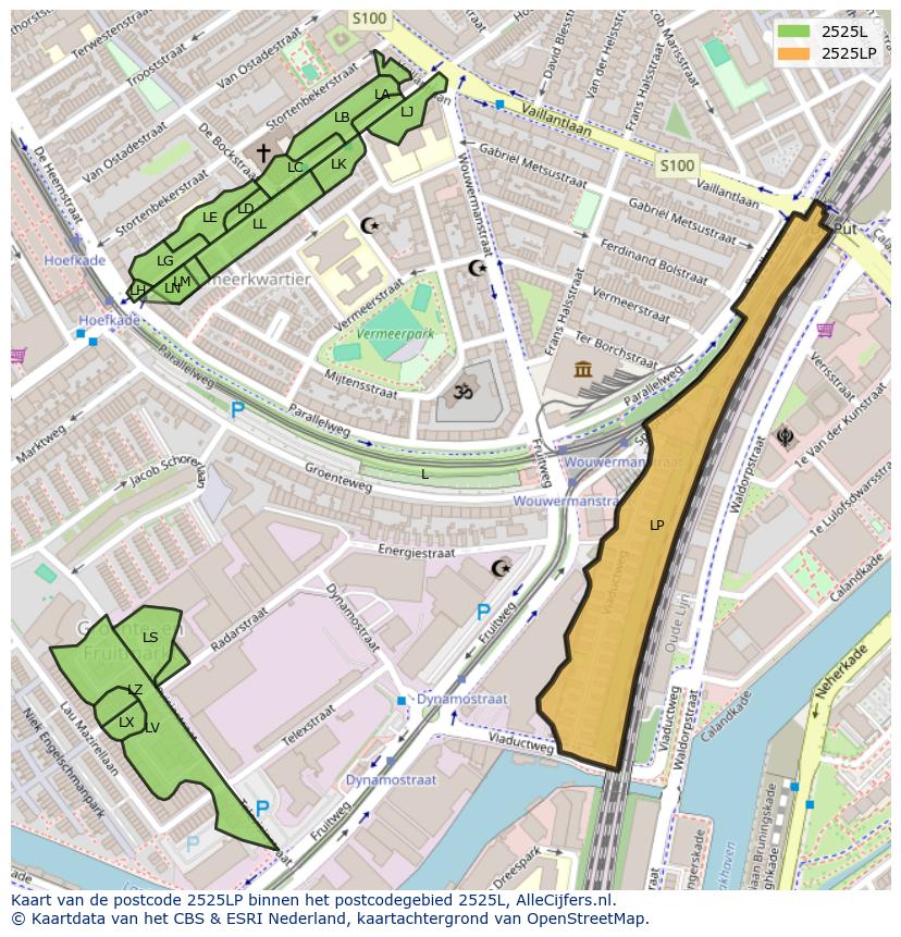 Afbeelding van het postcodegebied 2525 LP op de kaart.