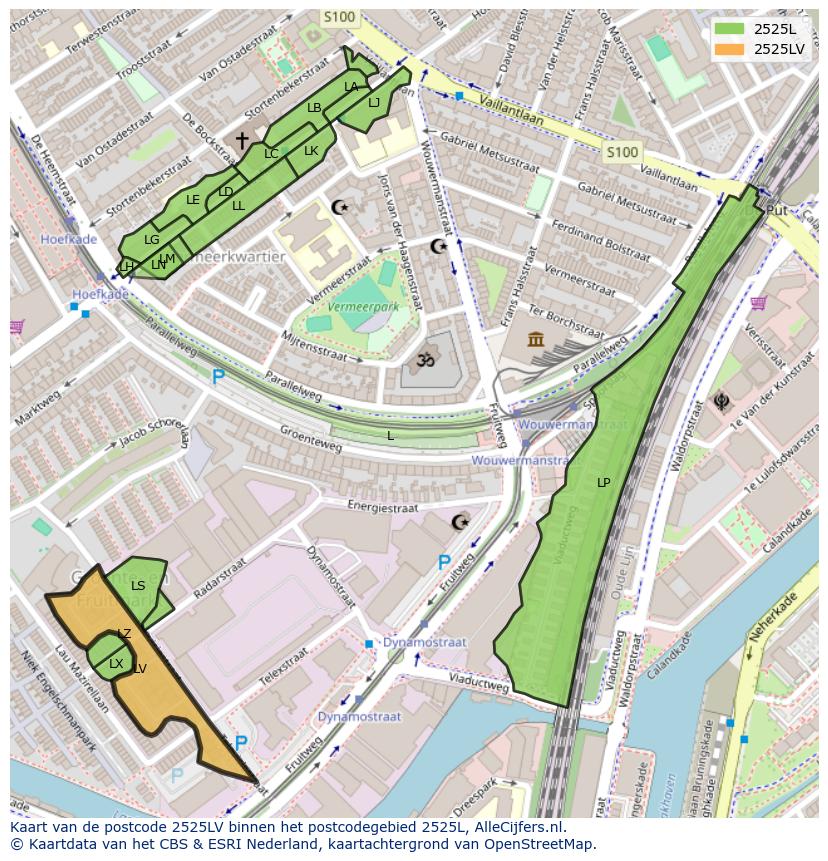Afbeelding van het postcodegebied 2525 LV op de kaart.