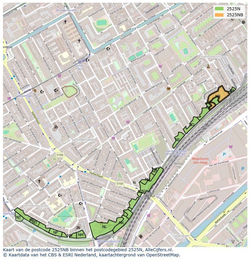 Afbeelding van het postcodegebied 2525 NB op de kaart.