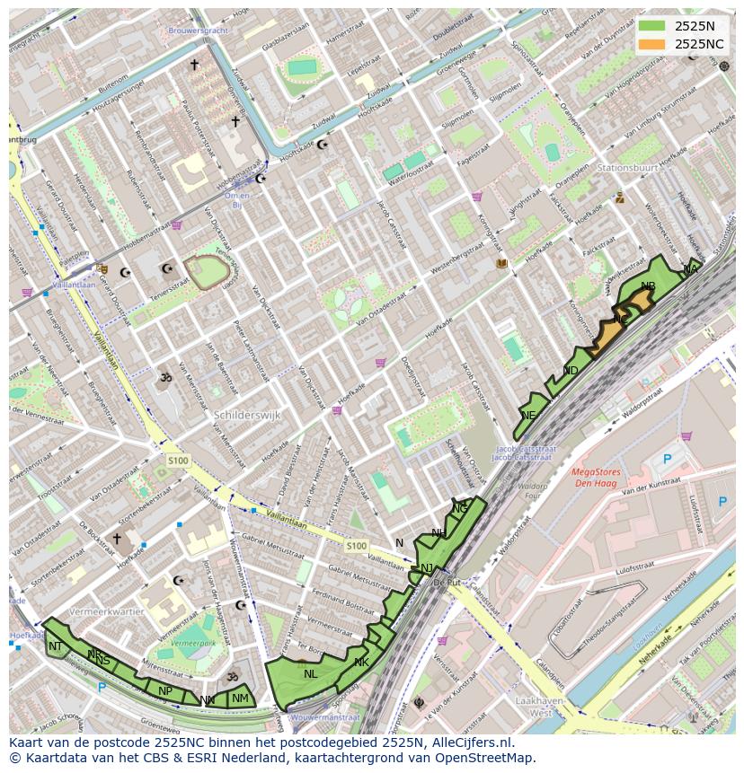 Afbeelding van het postcodegebied 2525 NC op de kaart.