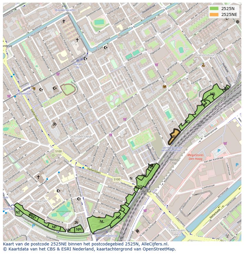 Afbeelding van het postcodegebied 2525 NE op de kaart.