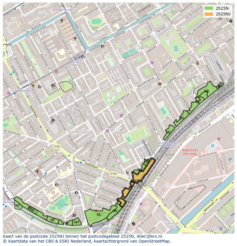 Afbeelding van het postcodegebied 2525 NJ op de kaart.