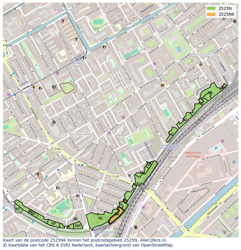 Afbeelding van het postcodegebied 2525 NK op de kaart.