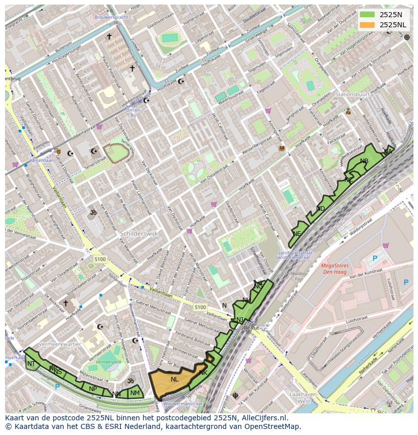 Afbeelding van het postcodegebied 2525 NL op de kaart.