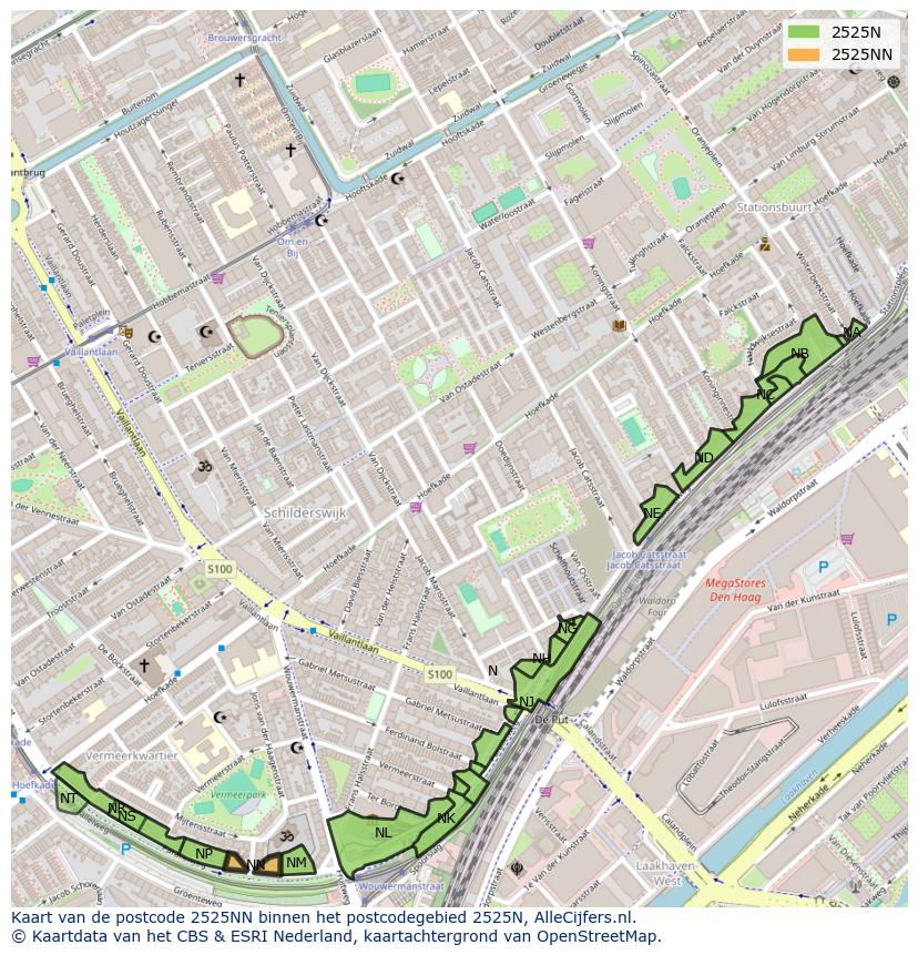 Afbeelding van het postcodegebied 2525 NN op de kaart.