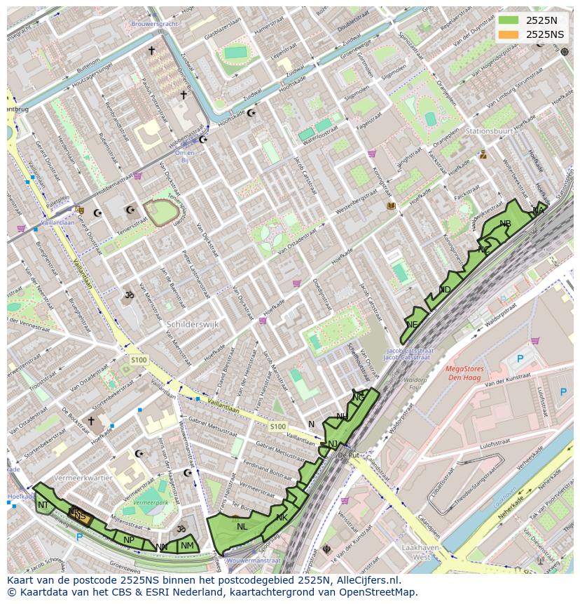Afbeelding van het postcodegebied 2525 NS op de kaart.