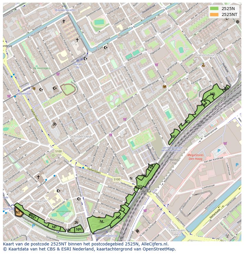 Afbeelding van het postcodegebied 2525 NT op de kaart.