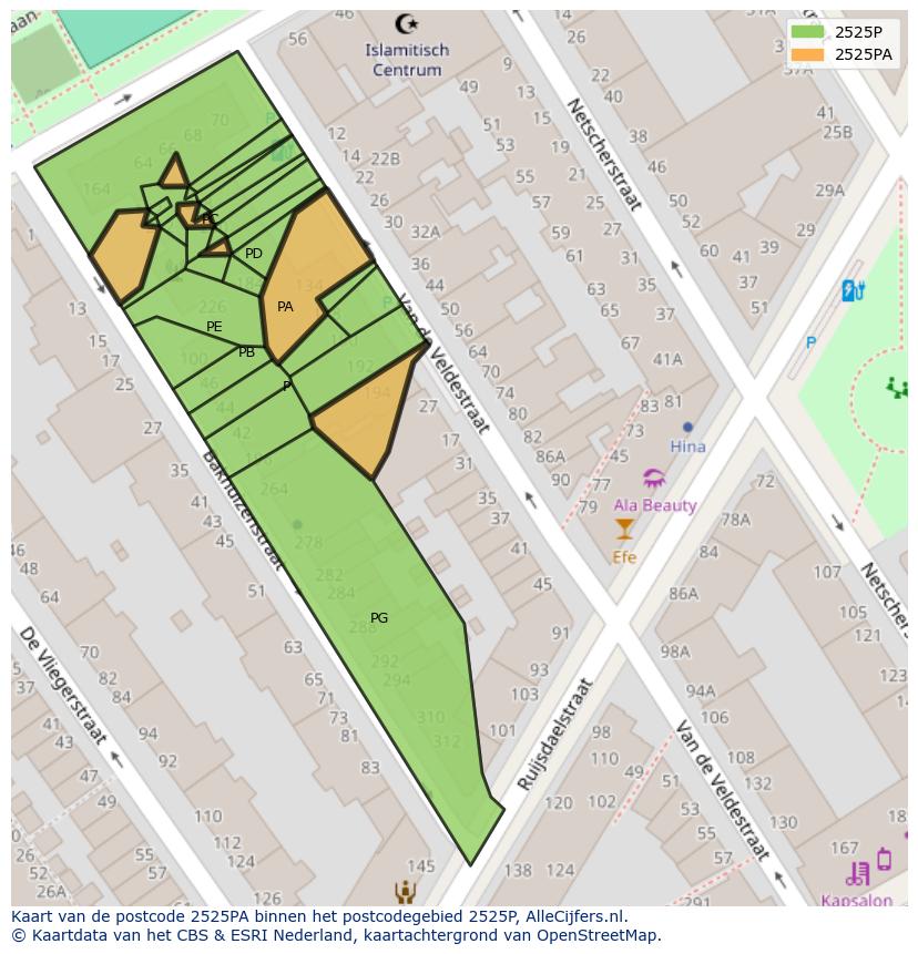 Afbeelding van het postcodegebied 2525 PA op de kaart.
