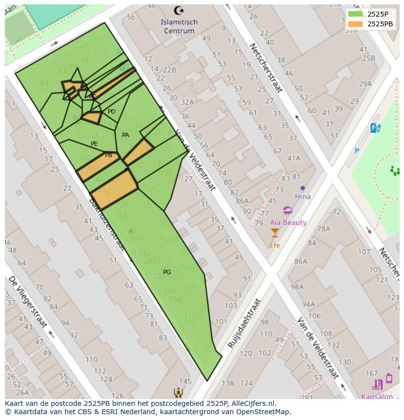 Afbeelding van het postcodegebied 2525 PB op de kaart.