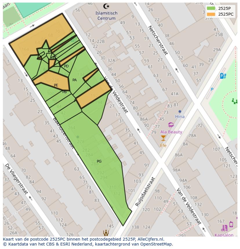 Afbeelding van het postcodegebied 2525 PC op de kaart.