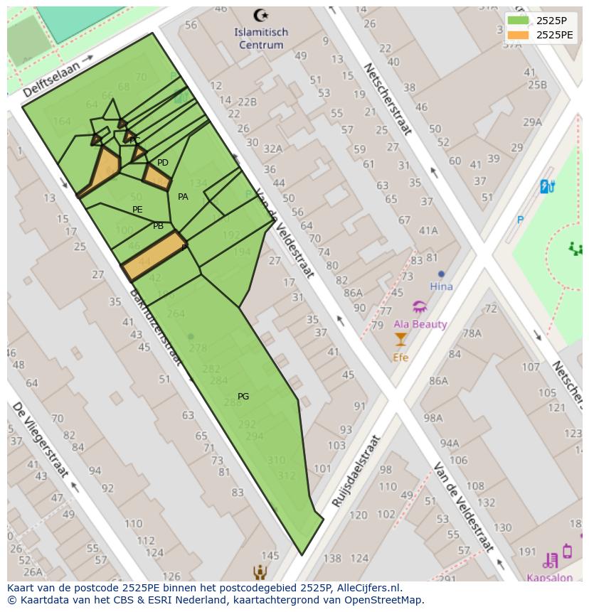 Afbeelding van het postcodegebied 2525 PE op de kaart.