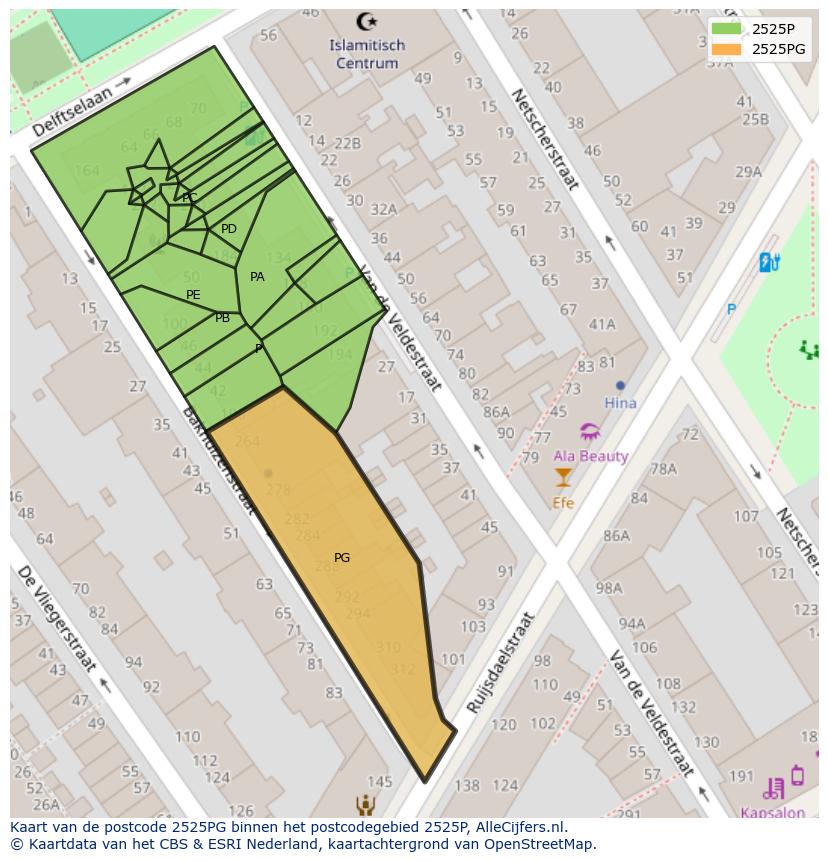 Afbeelding van het postcodegebied 2525 PG op de kaart.