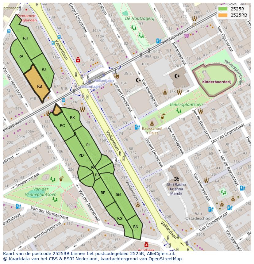 Afbeelding van het postcodegebied 2525 RB op de kaart.