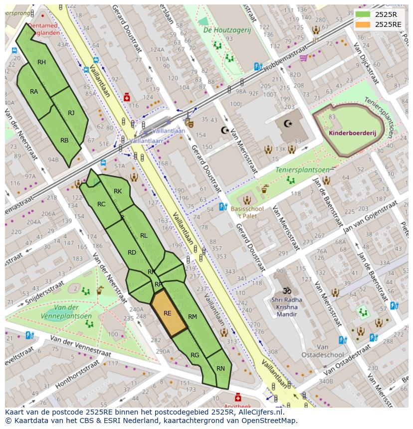 Afbeelding van het postcodegebied 2525 RE op de kaart.