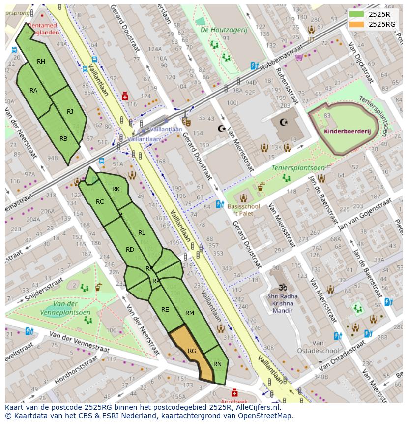 Afbeelding van het postcodegebied 2525 RG op de kaart.