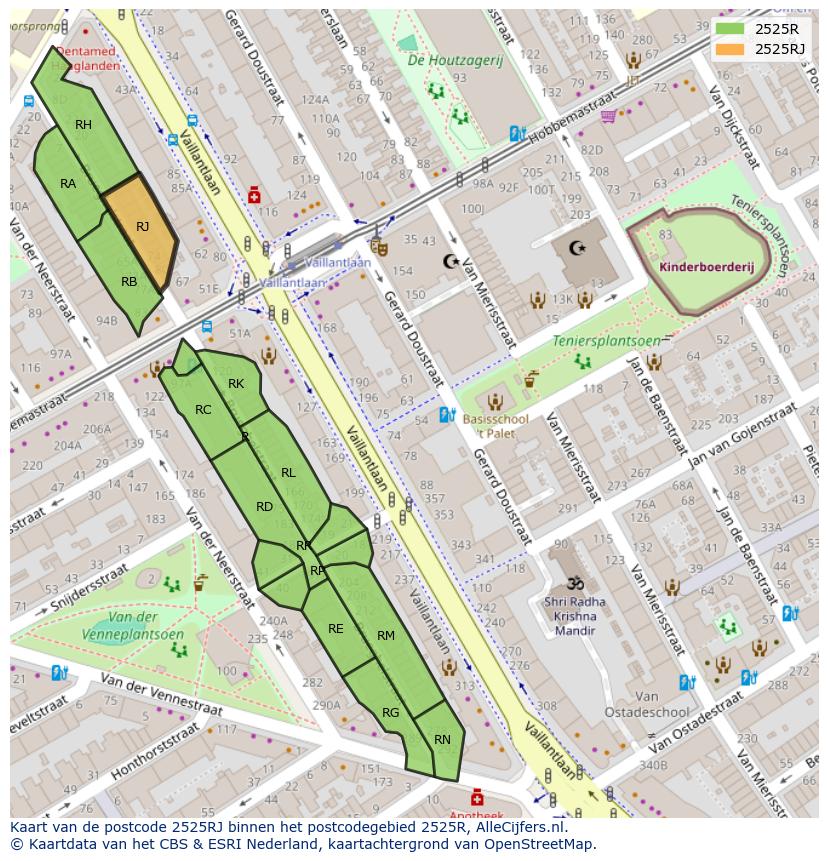 Afbeelding van het postcodegebied 2525 RJ op de kaart.