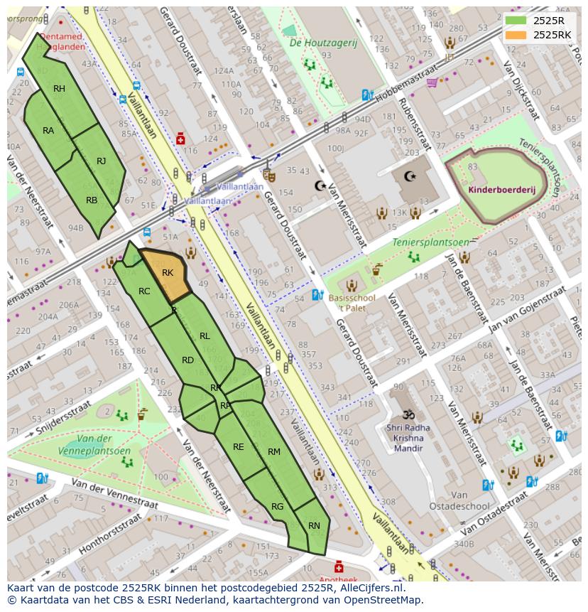Afbeelding van het postcodegebied 2525 RK op de kaart.