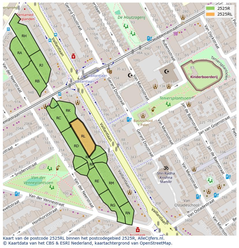 Afbeelding van het postcodegebied 2525 RL op de kaart.